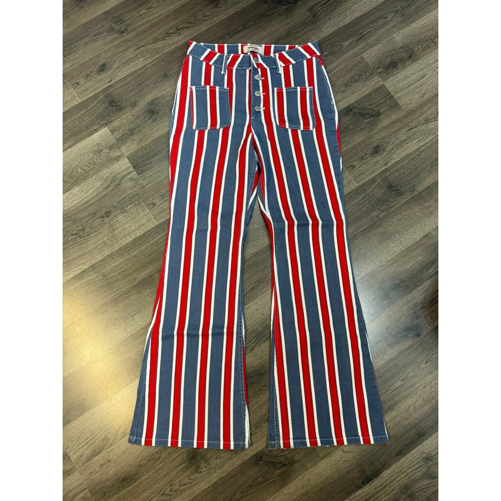 Wrangler High Rise Fierce Flare Jeans Red White Blue Striped Button Fly 6x32